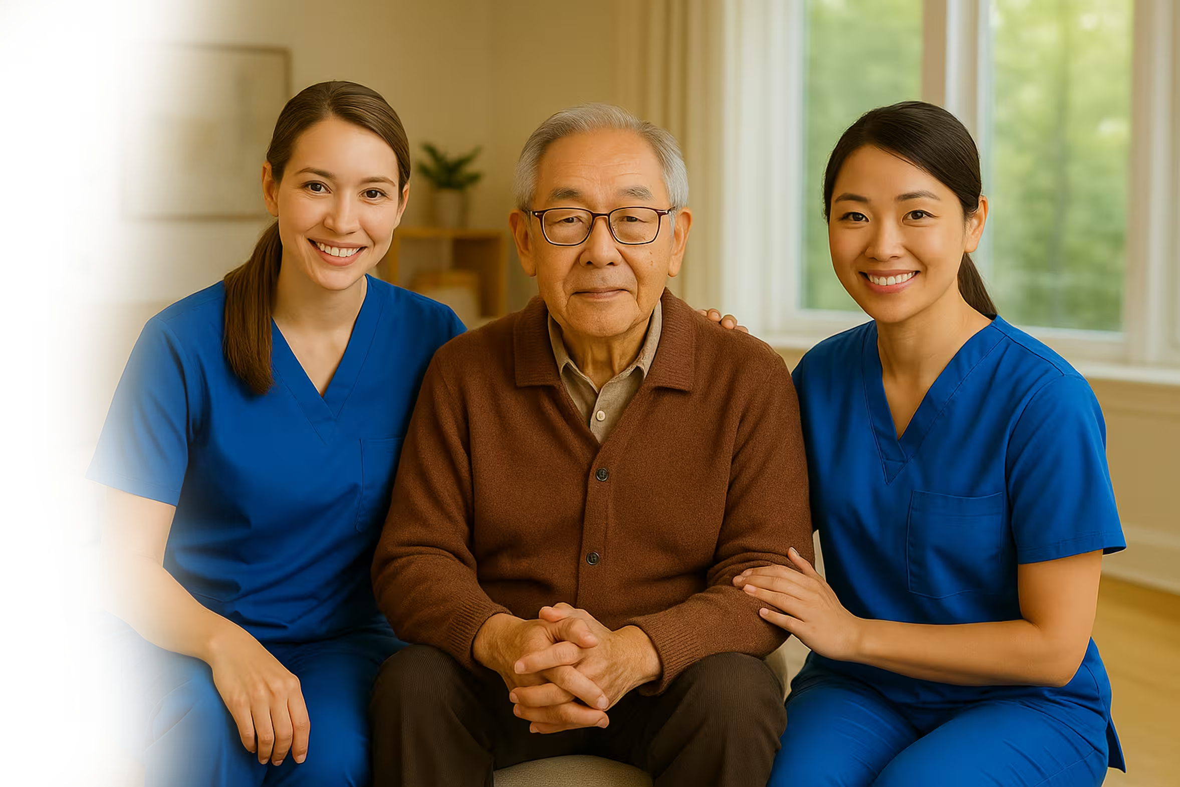 Compassionate caregiver assisting a senior with daily activities at home